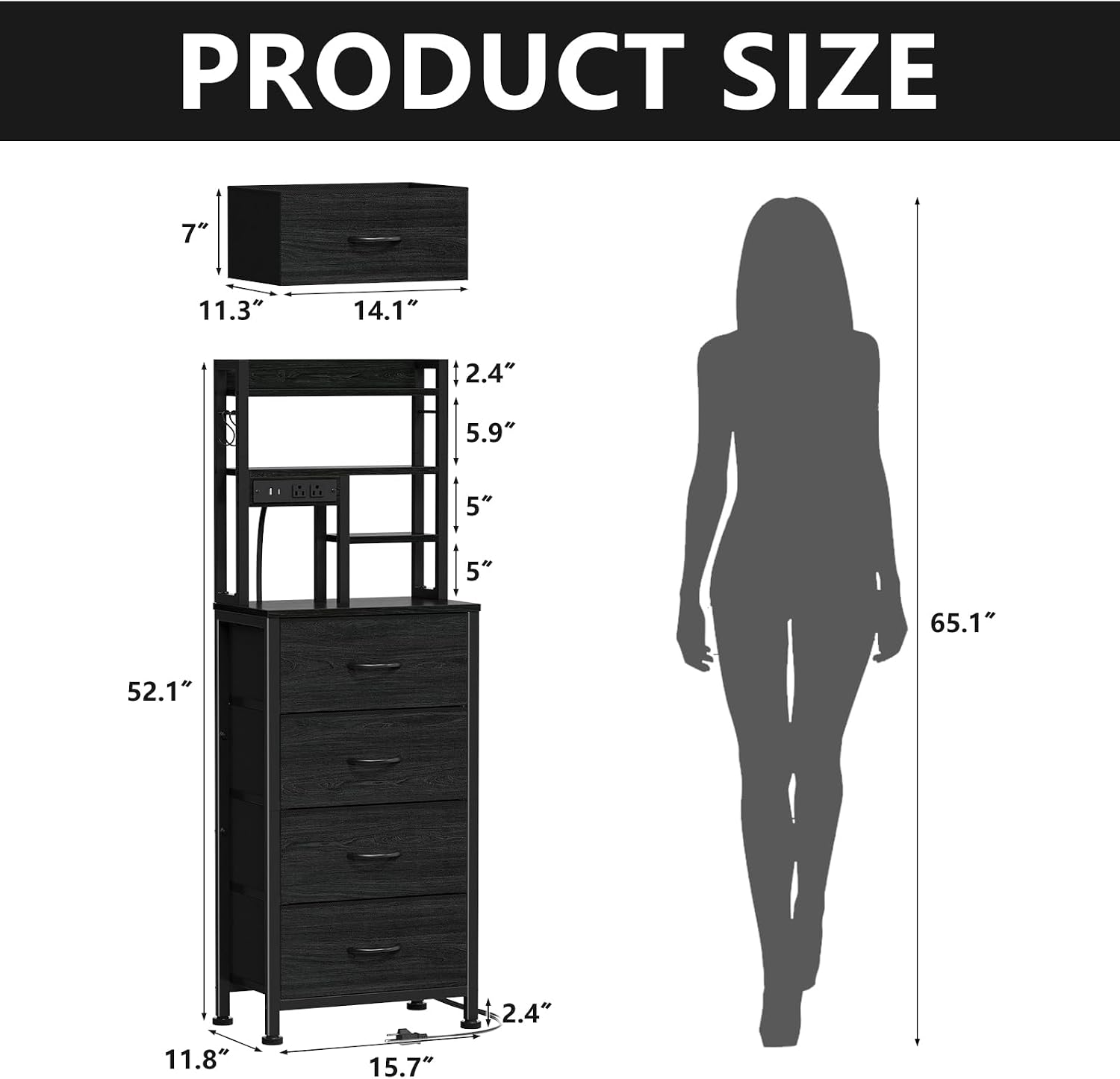 Furnulem Tall Nightstand, LED Night Stand with Charging Station