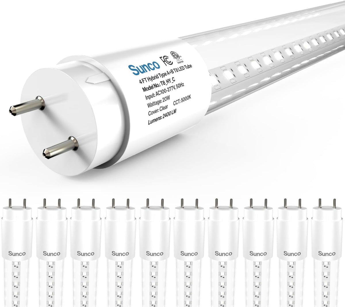 Sunco 10 Pack 4 Foot T8 LED Tube Light Bulbs, 5000K, 20W, Hybrid A+B
