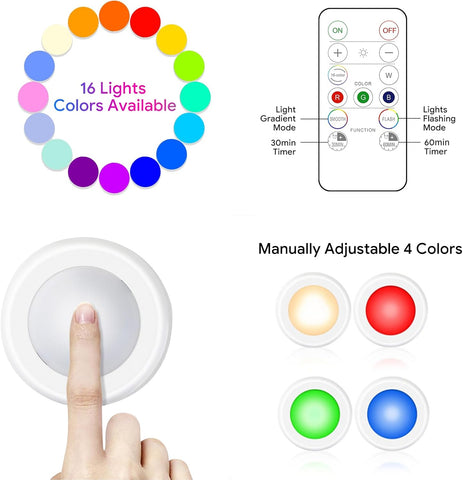 Yiliaw 6 Pack LED Puck Lights Remote Control 16 Color Changeable Under Cabinet Lights, Battery Operated Lights Night Light with Dimmer & Timmer for Closet Bedroom Kitchen, White