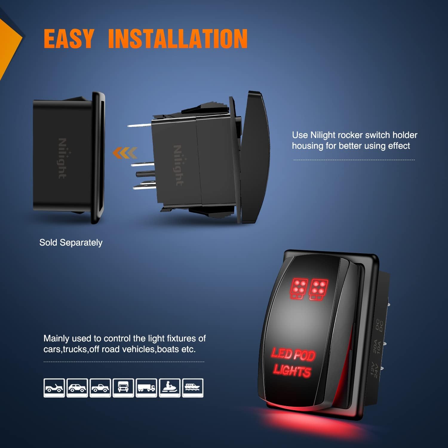 Nilight LED POD Lights Rocker Switch with Jumper Wires Set 5Pin Laser Red