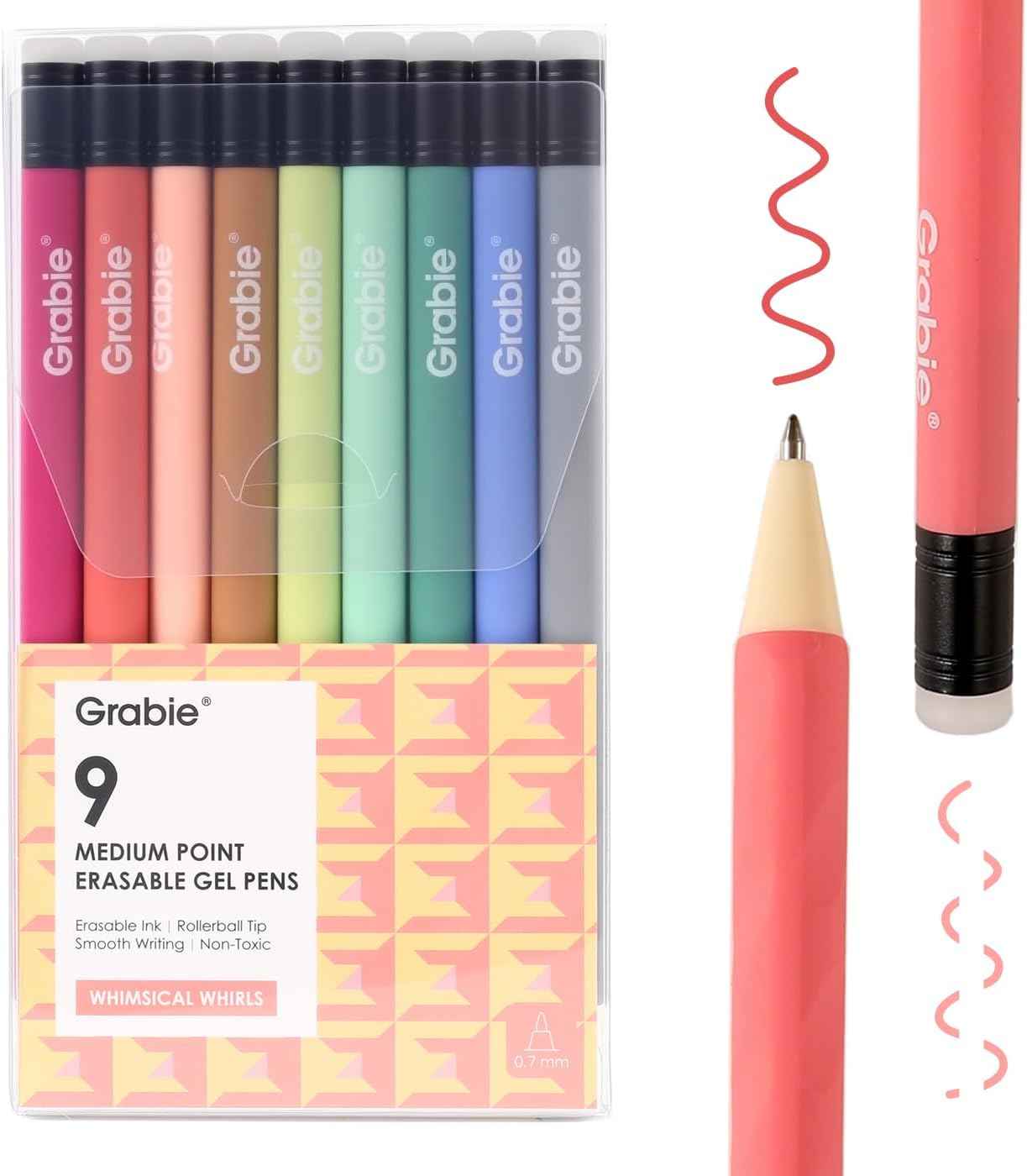 Grabie Erasable Gel Pens, 9 Color 0.7 mm Pens, Whimsical Whirls