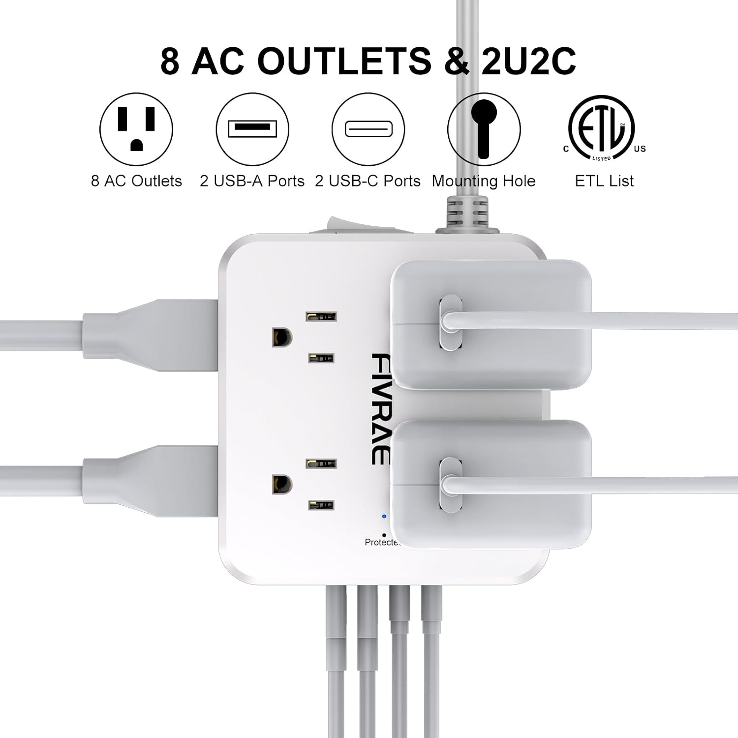 10Ft Extension Cord with Multiple Outlets, 8 Outlets and 4 USB Ports