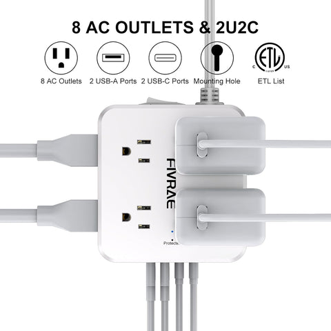 10Ft Extension Cord with Multiple Outlets, 8 Outlets and 4 USB Ports