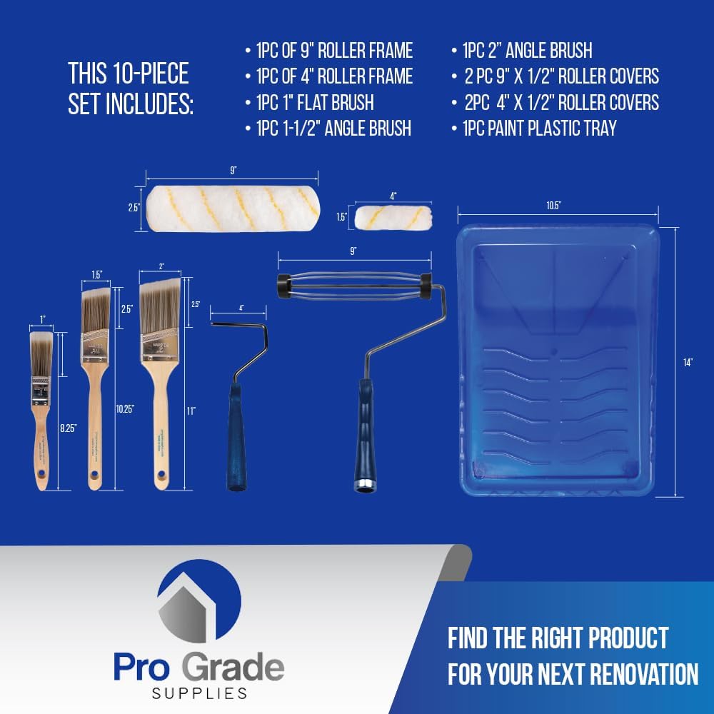 Pro Grade Paint Roller Kit, Paint Brushes, 4" & 9" Roller Covers for Walls
