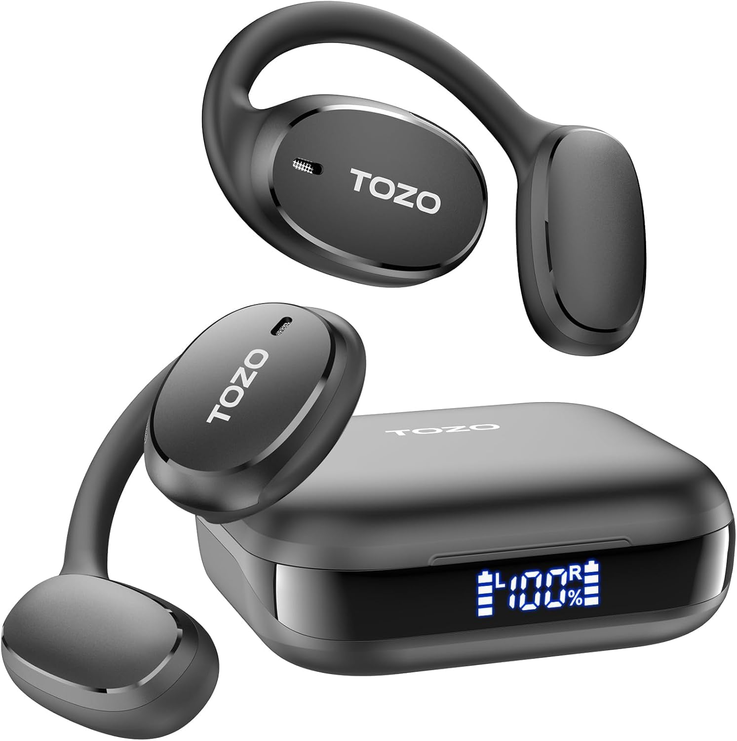 TOZO OpenEarRing Open Ear Earbuds 40H Bluetooth 5.4 Lightweight Comfort Open Ear Clip On Wireless Earbuds with Smart Digital LED Display, Stable Connection, Secure Fit for Driving Workout