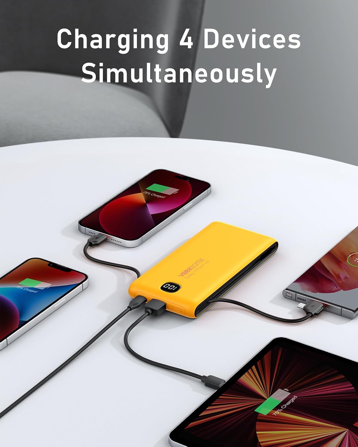 VEEKTOMX 10000mAh Portable Charger with Built-in Cables & Wall Plug