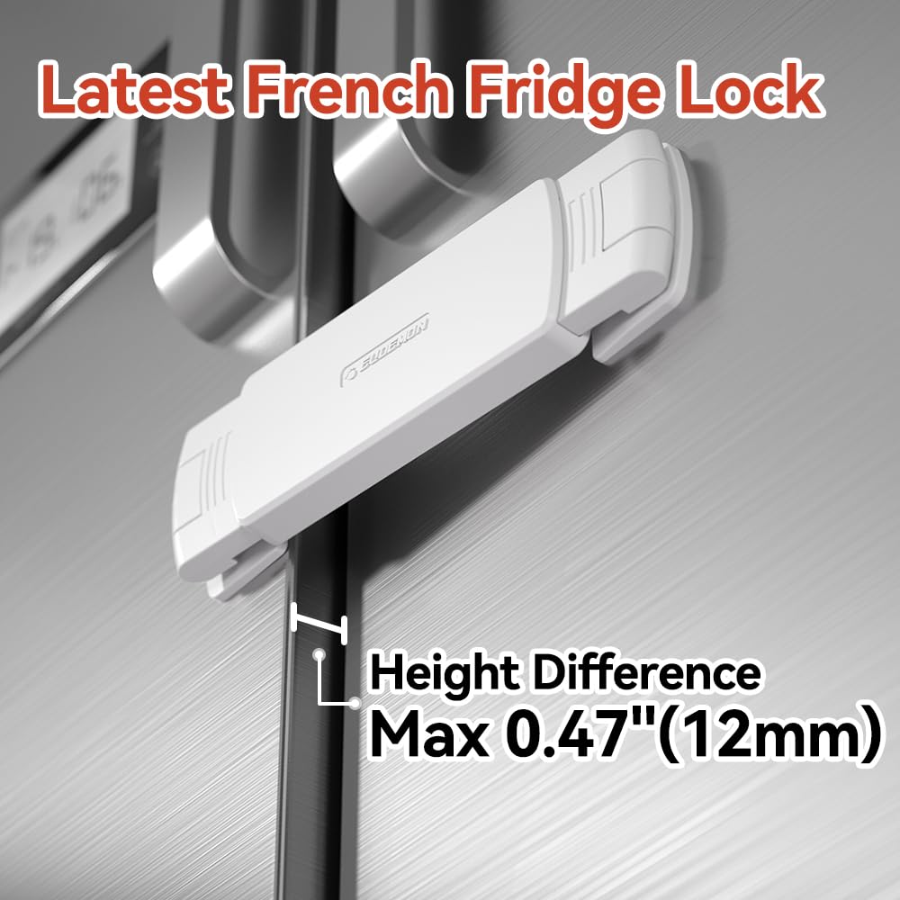 EUDEMON 1 Pack Latest French Fridge Lock French Door Refrigerator/Freezer Lock Apply to Max 3.54"(90mm) Two Door Gap Distance for Kids & Babies,Easy to Install no Tools Need or Drill (White)