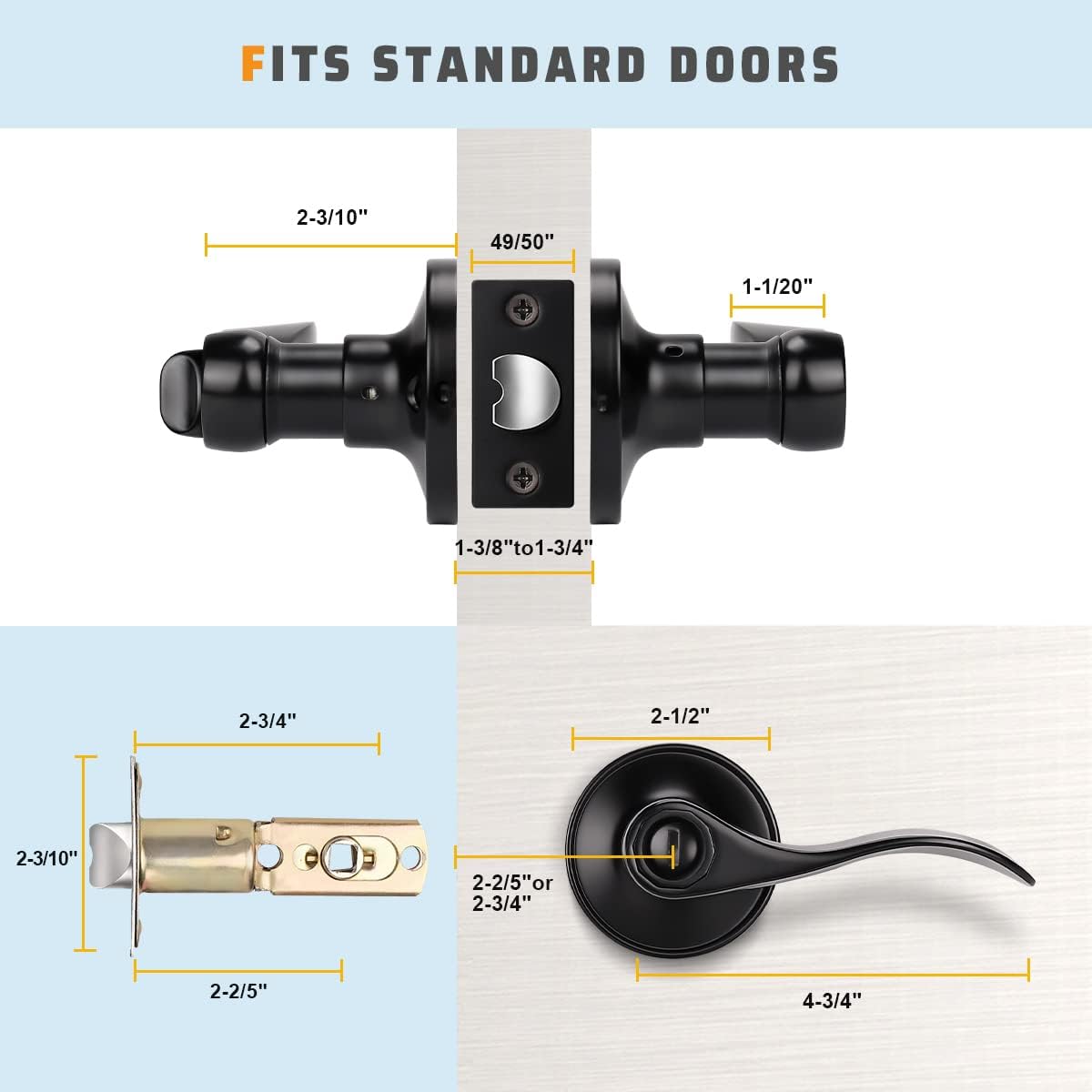 KNOBWELL 2 Pack Matte Black Door Lever Privacy Door Knobs, Black Interior Door Handles for Bathroom/Bedroom, Wave Style Reversible for Right/Left
