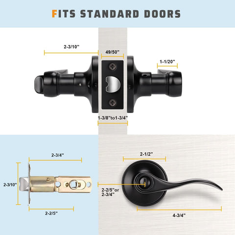 KNOBWELL 2 Pack Matte Black Door Lever Privacy Door Knobs, Black Interior Door Handles for Bathroom/Bedroom, Wave Style Reversible for Right/Left