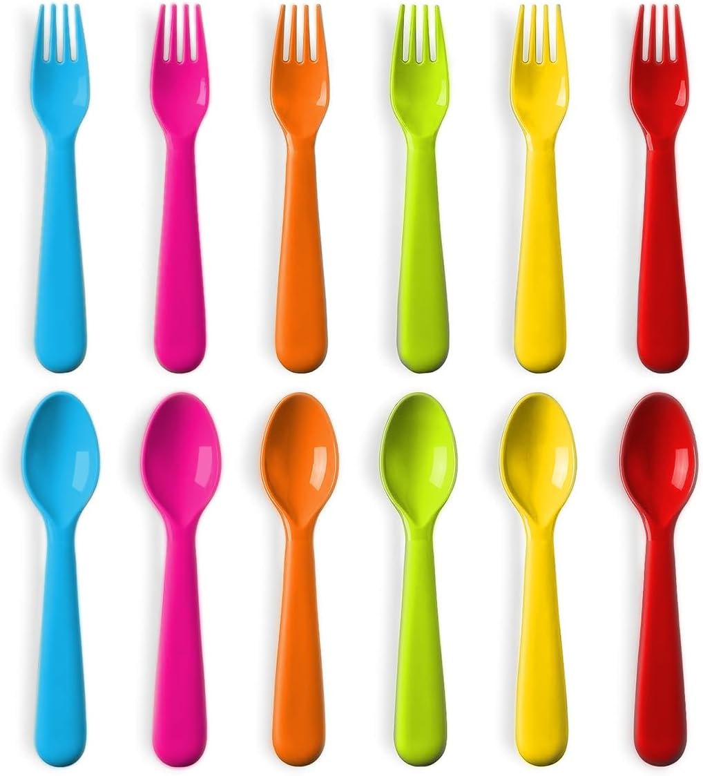 PLASKIDY Plastic Toddler Utensils Set of 12 Kids Utensils Forks and Spoons - BPA FREE/Dishwasher Safe Toddlers Silverware Set Brightly Colored Children's Safe Flatware Cutlery Set