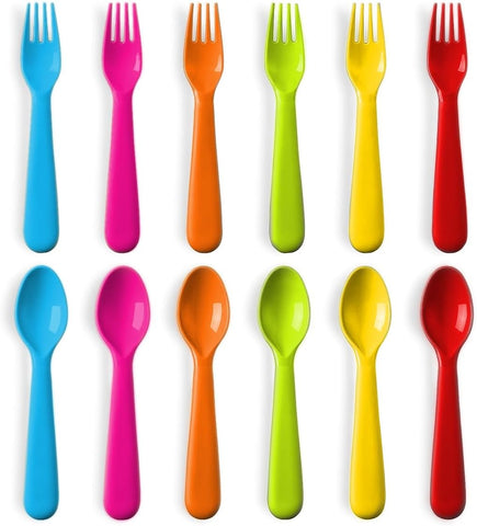 PLASKIDY Plastic Toddler Utensils Set of 12 Kids Utensils Forks and Spoons - BPA FREE/Dishwasher Safe Toddlers Silverware Set Brightly Colored Children's Safe Flatware Cutlery Set