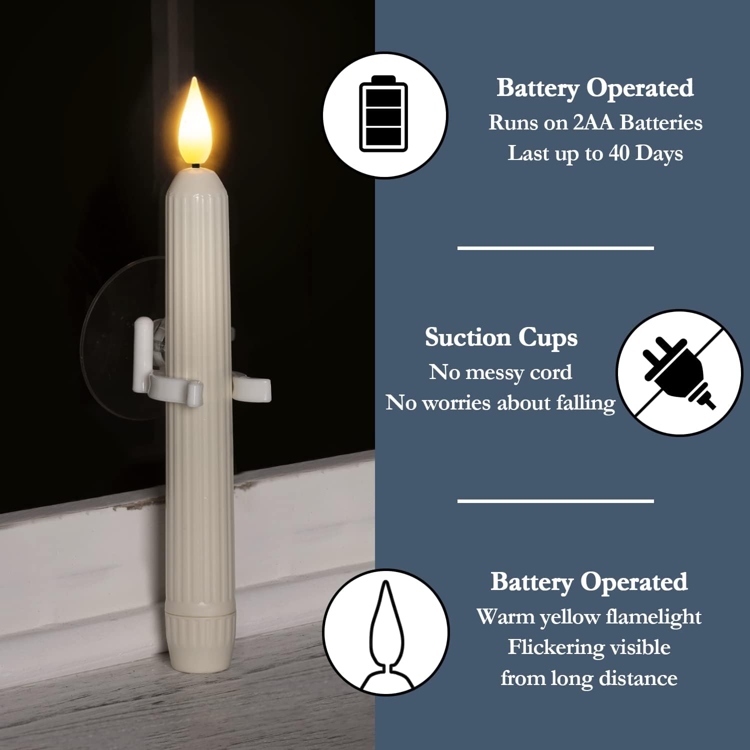 Homemory 6 Pcs Window Candles with Sensor Dusk to Dawn, Ivory Striped Candlesticks with Suction Cups, Roman Column Christmas Window Candle Battery Operated, Flameless Led Taper Candles for Windows
