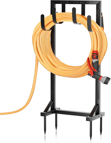 Heavy-Duty Garden Hose Holder with Stable Base and Tool Hooks, GAVISCITY Freestanding Metal Hose Hanger Garden Hose Storage Holds 151Ft Hose, Rustproof Water Hose Holder for Outside Yard Lawn, Black
