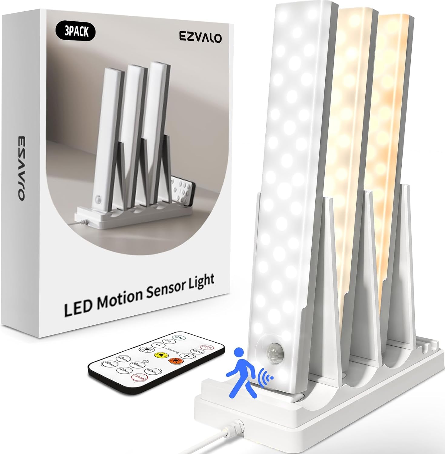 EZVALO 3-Pack Under Cabinet Lighting with Charging Station, 1800mAh Rechargeable Wireless Motion Sensor Lights, 3 Color Temps, Dimmable, Timer, Magnetic, with Remote Control for Kitchen, Closet