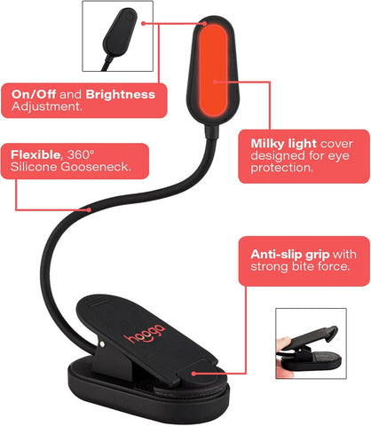 hooga Red Book Light, Rechargeable Clip On 625nm LED Light for Reading in Bed. No Blue Light Emitted, Eye Care Light for Strain-Free, Healthy Eyes. Gift for Students, Kids, Travel, Nursing, Studying.