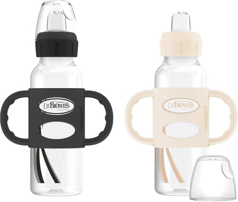 Dr. Brown's Milestones Narrow Sippy Spout Bottle with 100% Silicone Handles, Easy-Grip Handles with Soft Sippy Spout, 8oz/250mL, Black & Ecru, 6m+, 2 Count (Pack of 6)