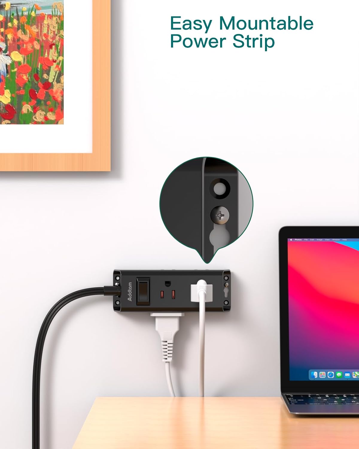 Cruise Essentials - Flat Plug Power Strip, Addtam 5 ft Ultra Flat Extension Cord with 6 Outlets Extender, No Surge Protector for Cruise Ship, Travel, Dorm, Home Office,Black