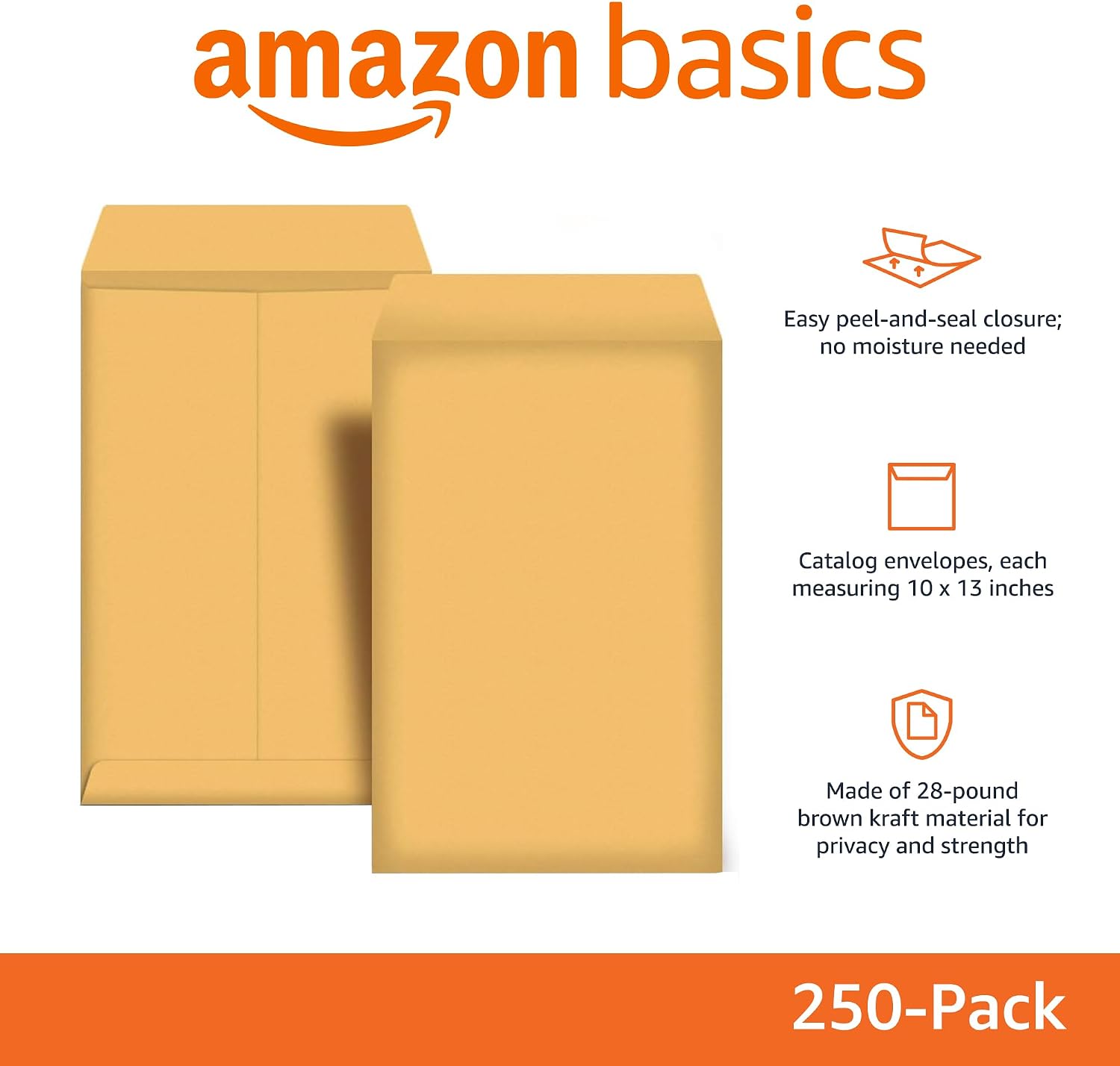 Amazon Basics Catalog Self Seal Mailing Envelopes, Peel and Seal, 10" x 13", Brown Kraft, 250-Pack