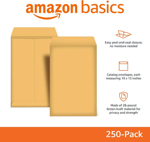 Amazon Basics Catalog Self Seal Mailing Envelopes, Peel and Seal, 10" x 13", Brown Kraft, 250-Pack