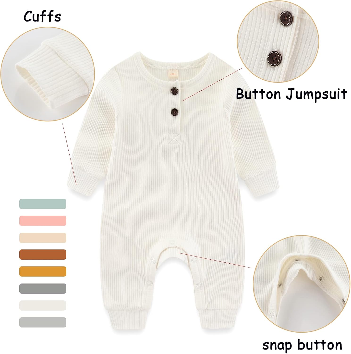 Newborn Baby Boys Girls One Piece Romper With Mitten Cuffs 3 Pack Long Sleeve Ribbed Button Jumpsuit Outfit Clothes