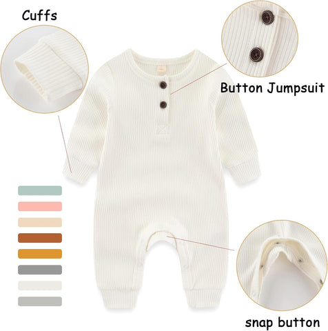 Newborn Baby Boys Girls One Piece Romper With Mitten Cuffs 3 Pack Long Sleeve Ribbed Button Jumpsuit Outfit Clothes