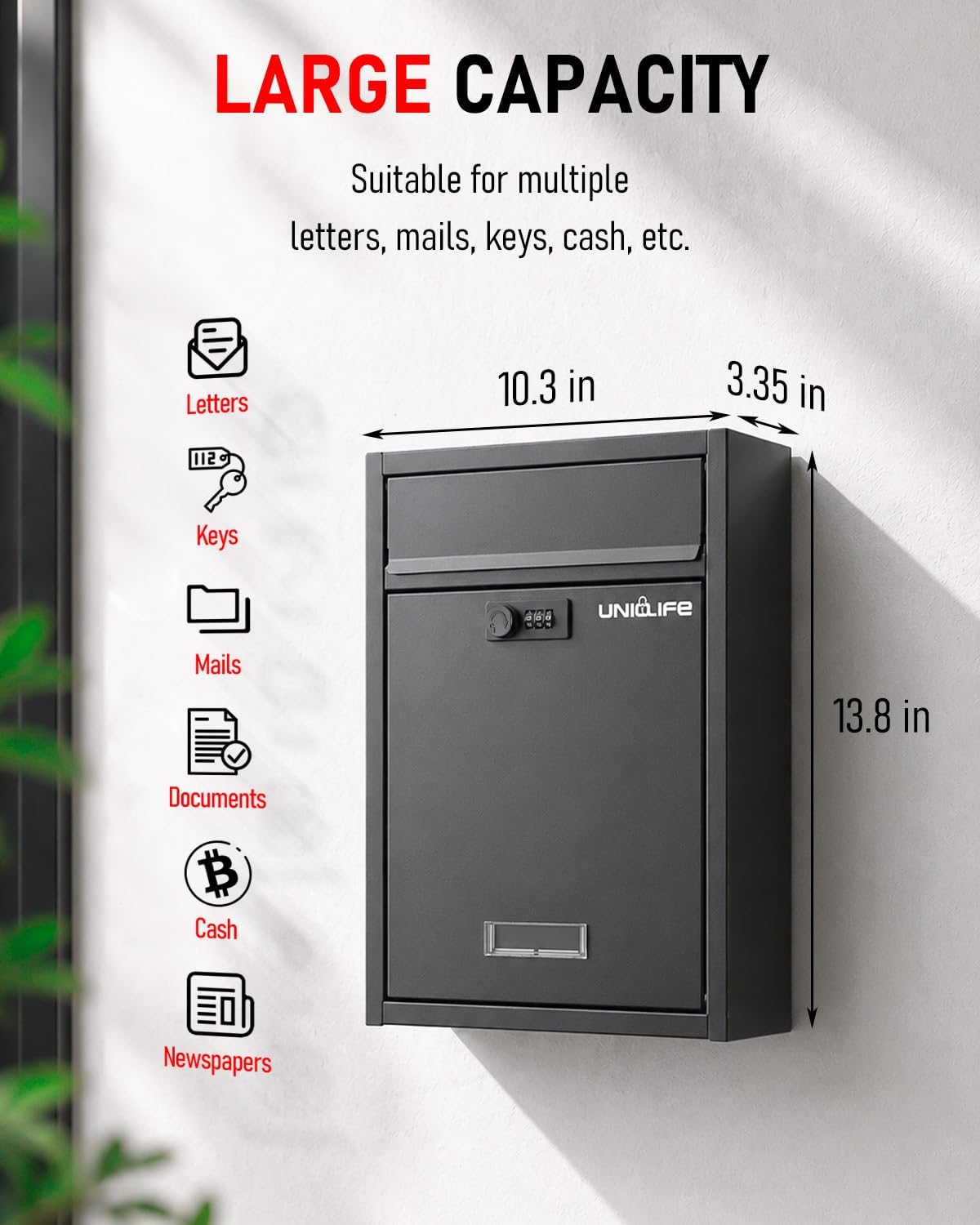 Uniclife Wall Mount Mailbox for Outside, Large Locking Mailbox, Black
