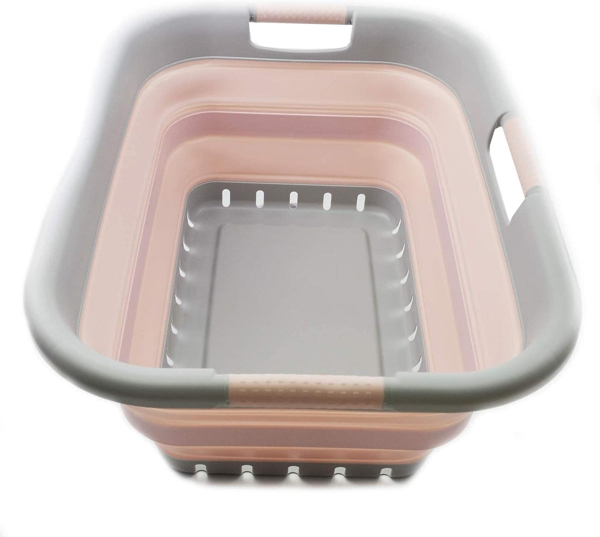 SAMMART 41L Collapsible Plastic Laundry Basket - Foldable Pop Up Storage Container/Organizer - Portable Basket - Space Saving Hamper/Basket (3 handled rectangular, Grey/Pink)