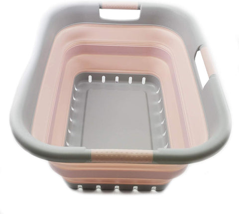 SAMMART 41L Collapsible Plastic Laundry Basket - Foldable Pop Up Storage Container/Organizer - Portable Basket - Space Saving Hamper/Basket (3 handled rectangular, Grey/Pink)