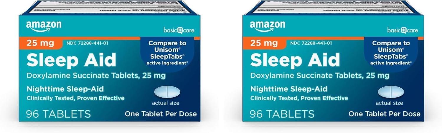 Amazon Basic Care Nighttime Sleep Aid Tablets for Adults, Doxylamine Succinate 25 mg, 96 Count (Pack of 2)