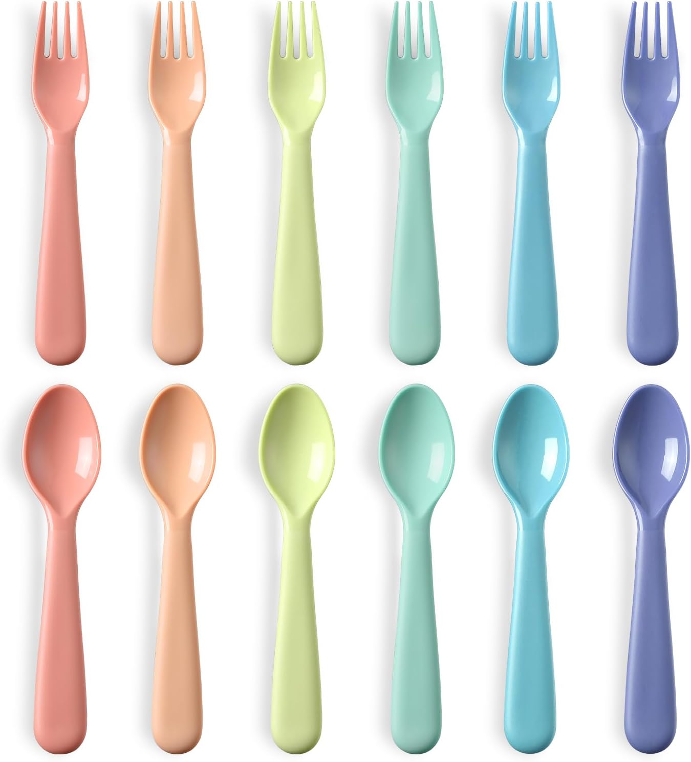 12 Pieces Toddler Utensils Set, Plastic Spoons and Forks Set for Kids, Children Safe Flatware, Dishwasher Safe, Plastic Reusable Cutlery, BPA Free, Macaron Color