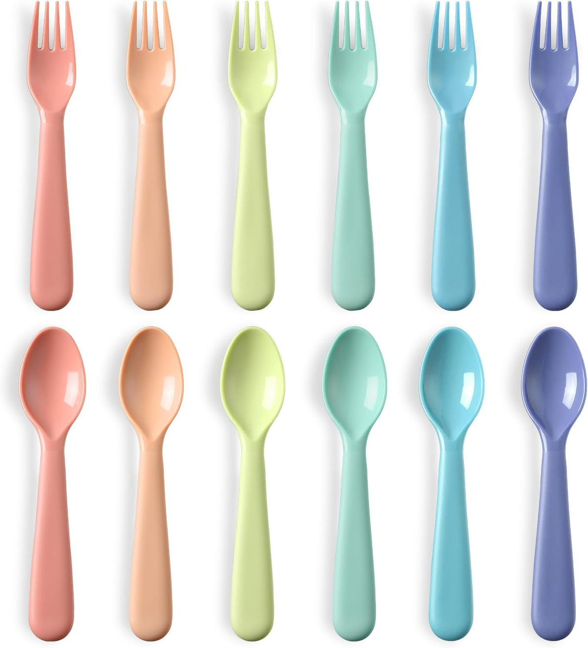 12 Pieces Toddler Utensils Set, Plastic Spoons and Forks Set for Kids, Children Safe Flatware, Dishwasher Safe, Plastic Reusable Cutlery, BPA Free, Macaron Color