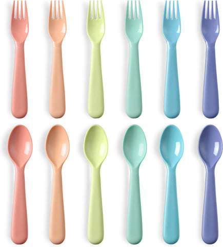 12 Pieces Toddler Utensils Set, Plastic Spoons and Forks Set for Kids, Children Safe Flatware, Dishwasher Safe, Plastic Reusable Cutlery, BPA Free, Macaron Color