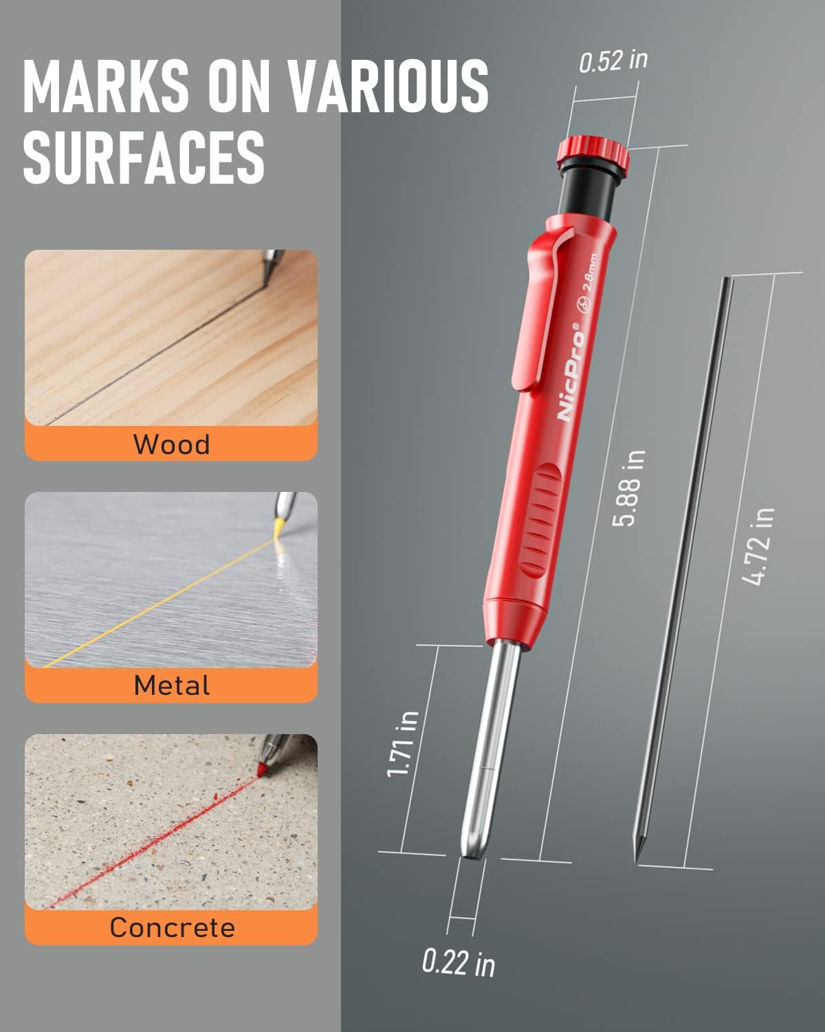 Nicpro 1 Pack Carpenter Pencil with Sharpener, 2.8 mm Construction Pencil