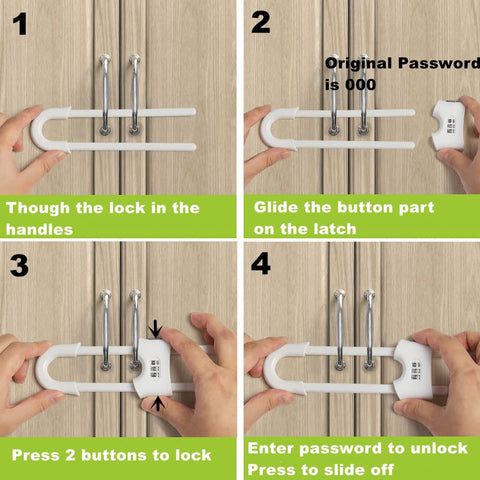 4 Pack Child Proof Sliding Cabinet Door Code Locks Baby Safety Cupboard Locks Adjustable U Shaped Cabinet Latches for Knob Handle Drawers Closet Plastic (4 PCS, White)