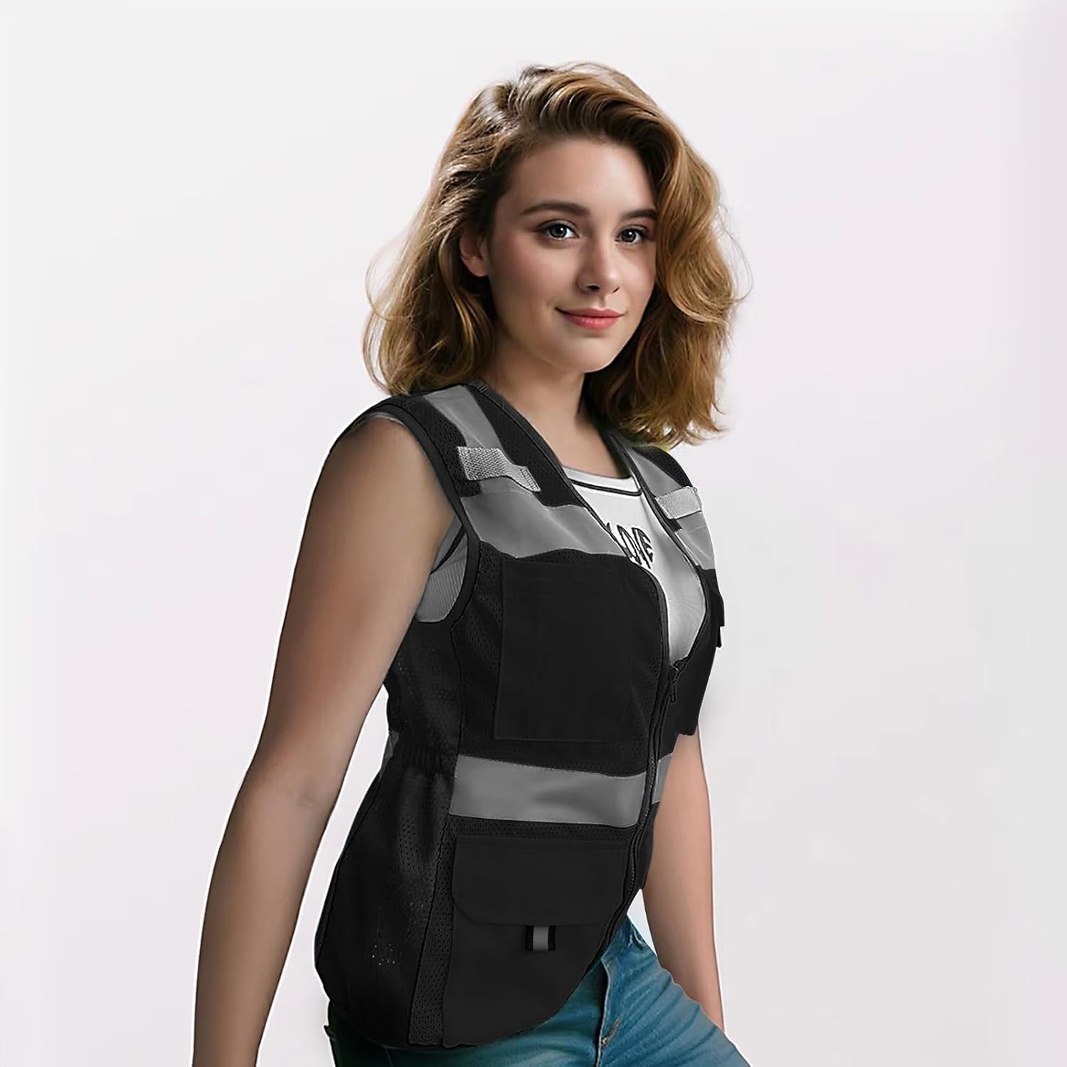 Womens Safety Vest with 11 Pockets Hi Vis Mesh Reflective Safety Vest for Women, Lady Neon Construction Work Vest with Zipper, Snug-Fit & Durable, ANSI Compliant, (U-Black, L)