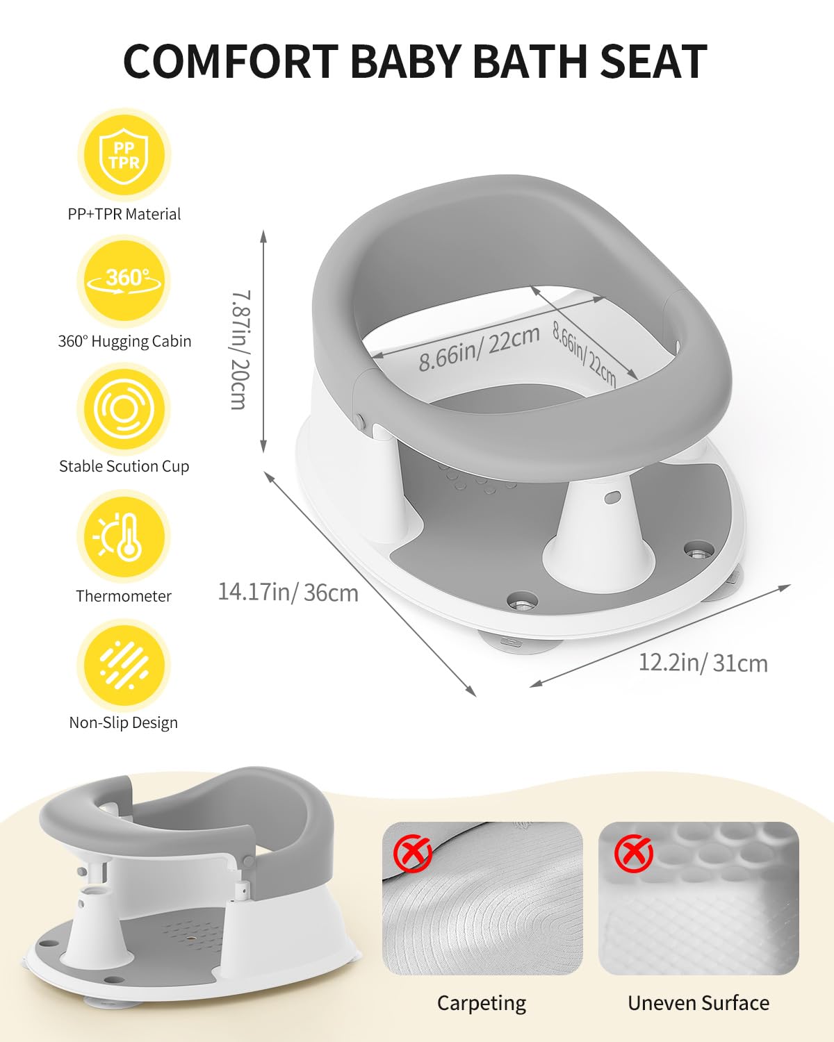 Baby Bath Seat for Babies 6 Months & Up, Bath Seats for Babies Sitting Up, Open Design, Non-Slip, Compact Toddler Bath Seat.