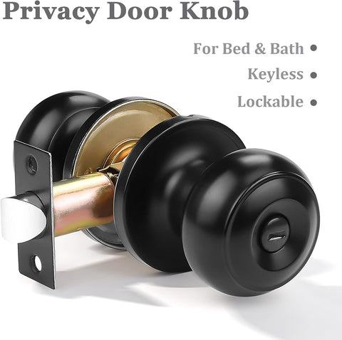 Probrico 6 Pack Round Privacy Door Knob(Thumb Turn Lock on The Inside), Keyless Doorknobs Interior/Exterior Lockset,Privacy Knobs for Bedroom/Bathroom,Black Modern Design Door Hardware