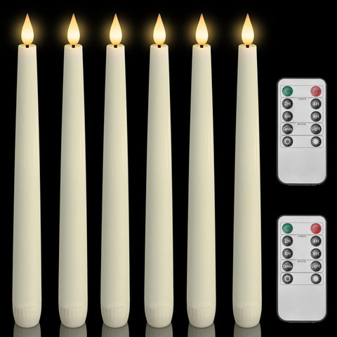 Homemory 6 Pcs Waxy Flameless Taper Candles with Remote, Flickering Battery Operated Candlesticks, Led Fake Candles Tall Candle for Home, Wedding, Party, Ivory, 9.6 inches