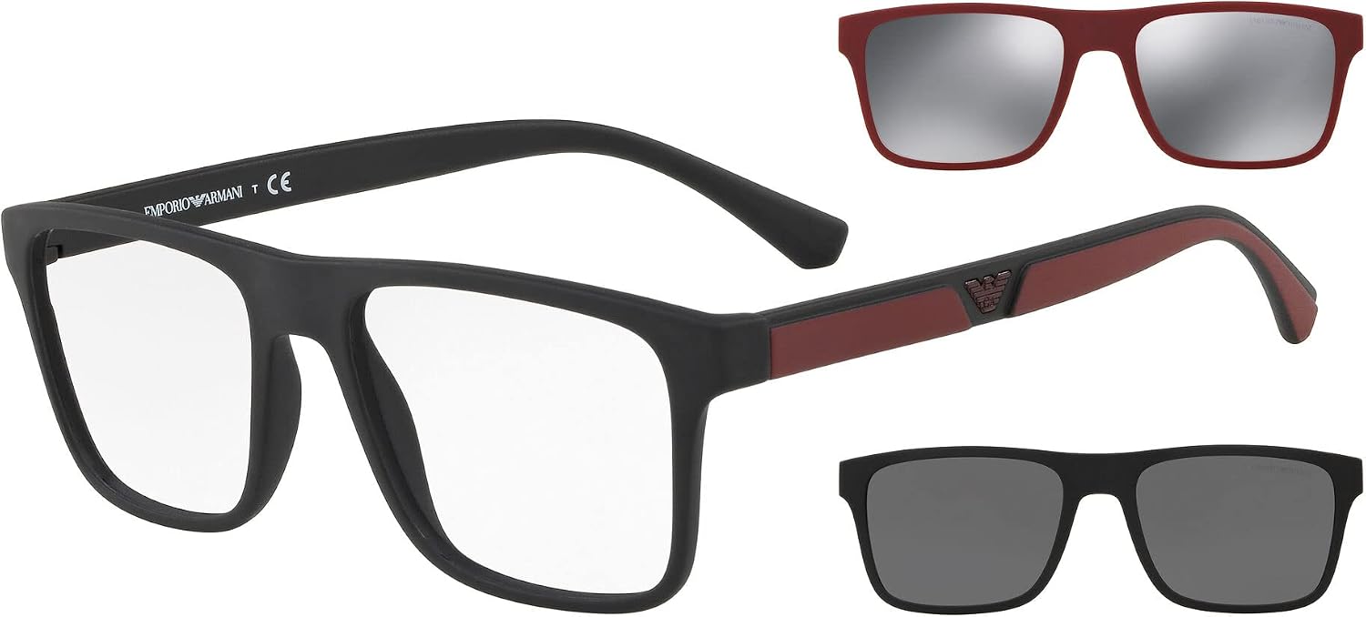 Emporio Armani Mens EA4115 Rectangular Eyewear Frames With Two Interchangeable Sun Clip-ons