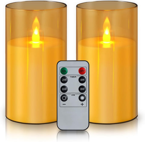 wemarry Flameless Candles Acrylic Glass Pillars 3" D x 6" H Battery Operated Flickering Candles Include 8-Key Remote with Timer Function 400+ Hours (Amber, Warm Light 2 Pack)
