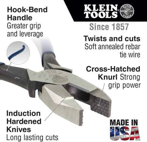 Klein Tools 201-7CST Rebar Work Pliers with Spring-Loaded Action, Induction Hardened Knives and Handle Tempering