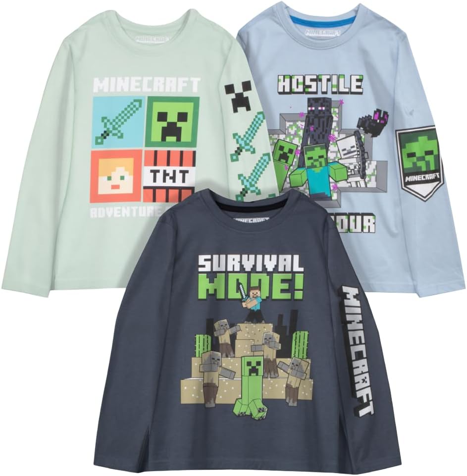 Minecraft Boy's T-Shirt 3-Pack - Long Sleeve, Graphic Print, Soft Cotton, Gaming Tees for Kids