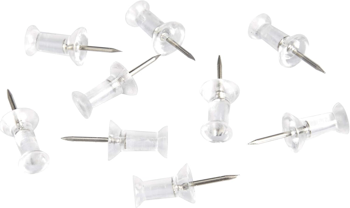Amazon Basics Push Pins Tacks, Steel Point, Clear Plastic Head, for Cork Board, Bulletin Board, Maps, Photos, Posters, and Craft Projects, 200-Pack
