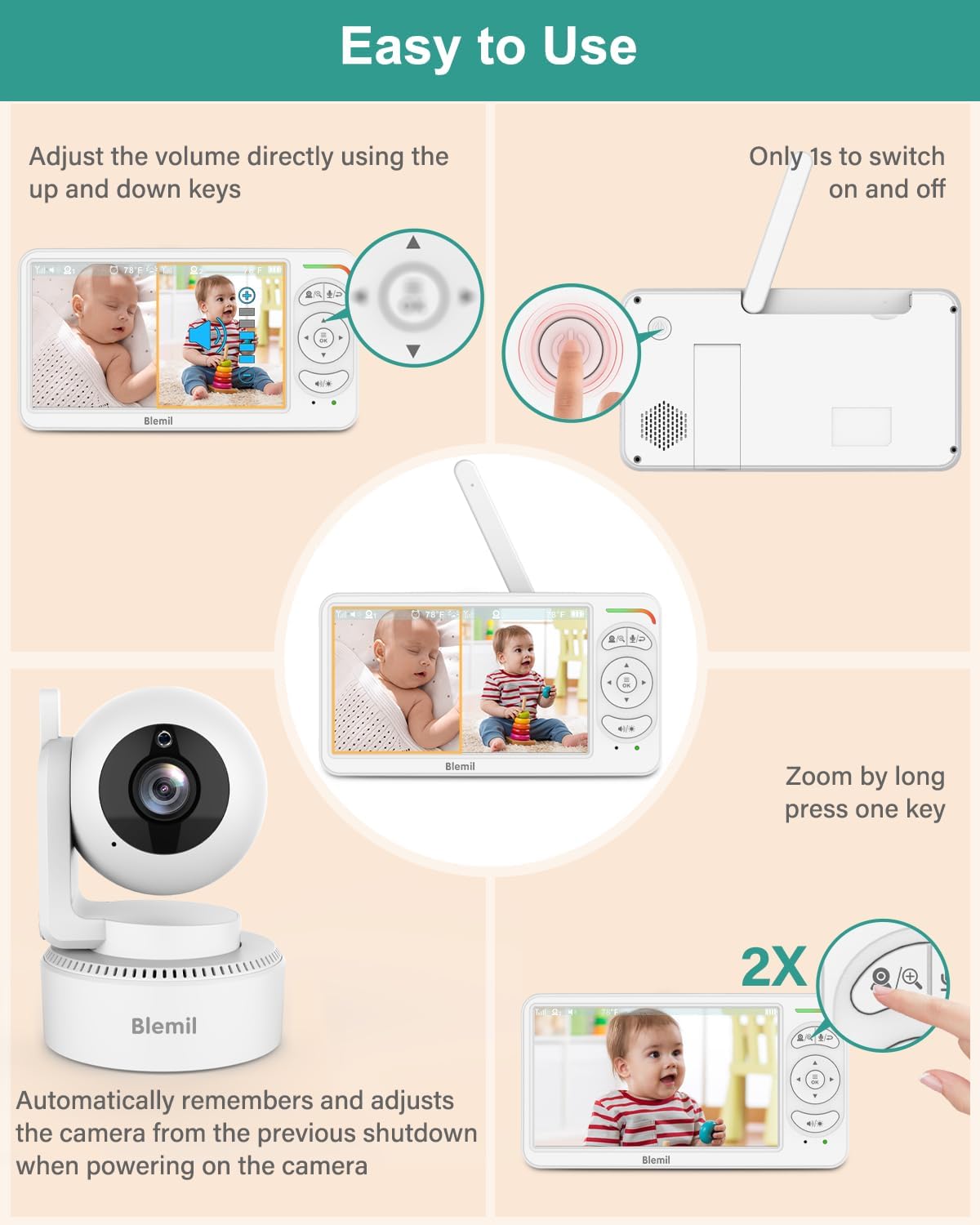 Blemil 6" Split Screen Video Baby Monitor with 2 Cameras, 4000mAh Battery