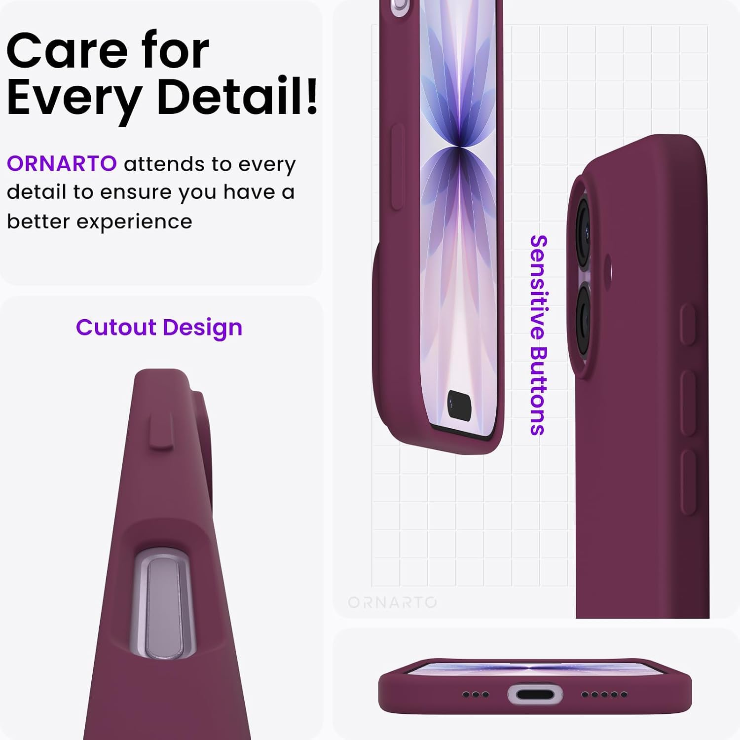 ORNARTO for iPhone 17 Case, Slim Liquid Silicone Cover, Wine Red