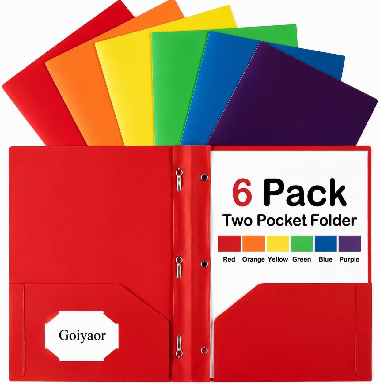 6 Pack Plastic Folders with Pockets and Prongs, 2 Pocket Folders with Fasteners, Heavy Duty Poly Folders with Brads for 3 Hole Punched Paper, File Folders for School Office Home Organization