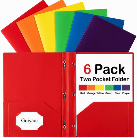 6 Pack Plastic Folders with Pockets and Prongs, 2 Pocket Folders with Fasteners, Heavy Duty Poly Folders with Brads for 3 Hole Punched Paper, File Folders for School Office Home Organization