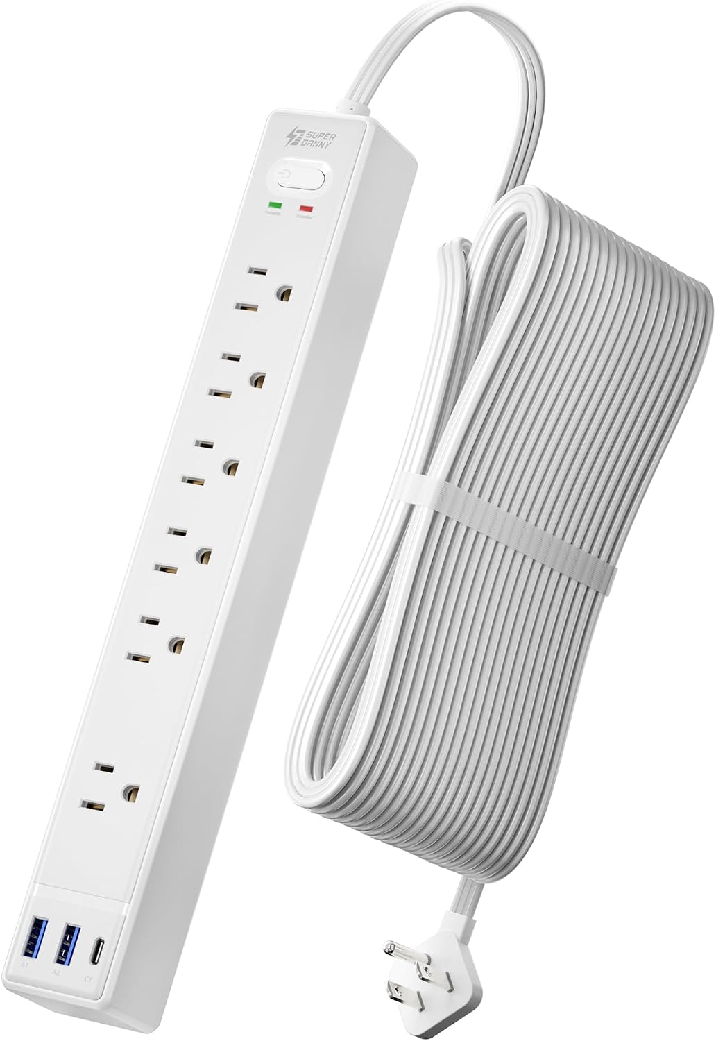 20Ft Long Extension Cord, SUPERDANNY Flat Plug Surge Protector Power Strip