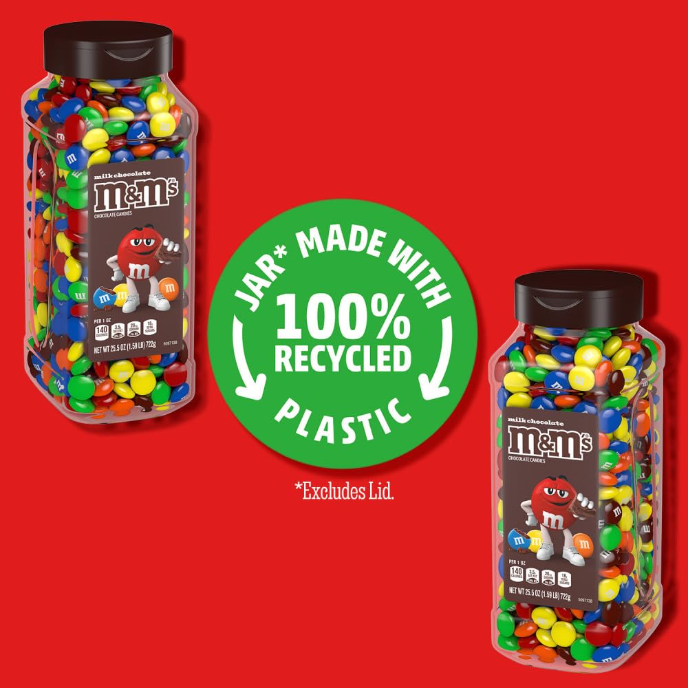 M&M'S Milk Chocolate Candy, Resealable Jars, Party Size, 25.5 oz, 2 Pack