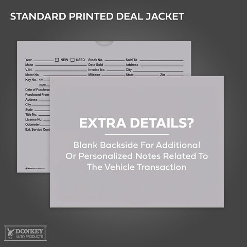 Printed Vehicle Deal Envelopes 9x12 Deal Jackets (100 shrink wrapped) (Gray)